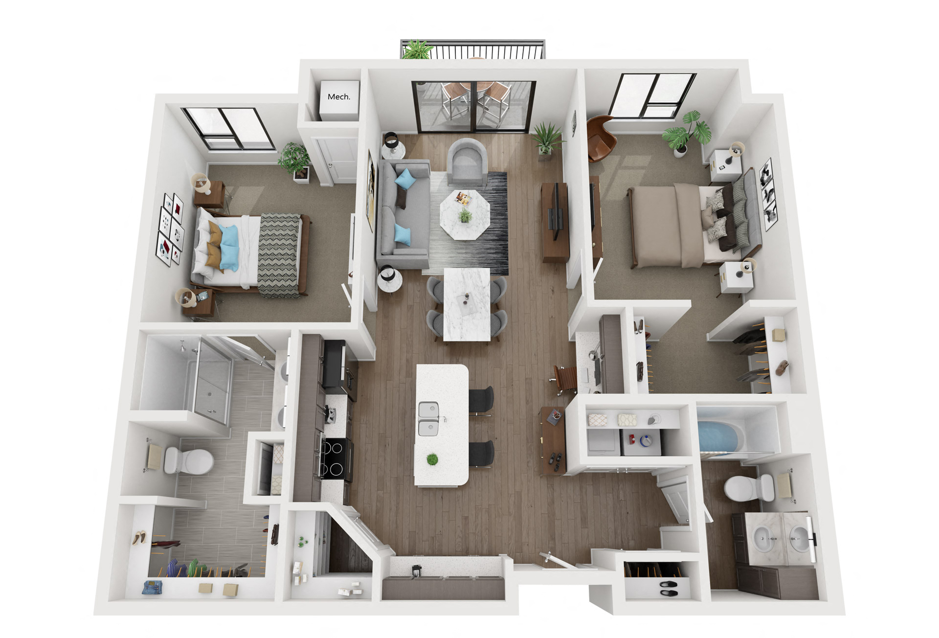Floor plan for 2 beds, 2 baths, 1198 sqft